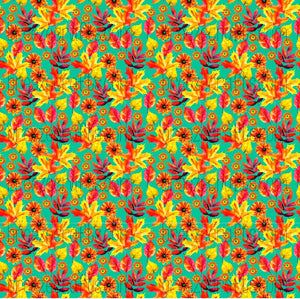 Autumn leaf and flower patterned Vinyl, fall pattern craft vinyl sheet - HTV or Adhesive Vinyl - Thanksgiving, red and yellow, aqua HTV8297 - Breeze Crafts
