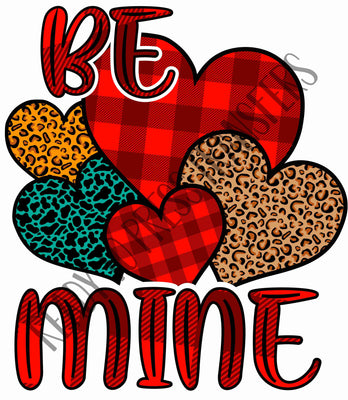 Be Mine with leopard and plaid hearts ready to press sublimation transfers.  