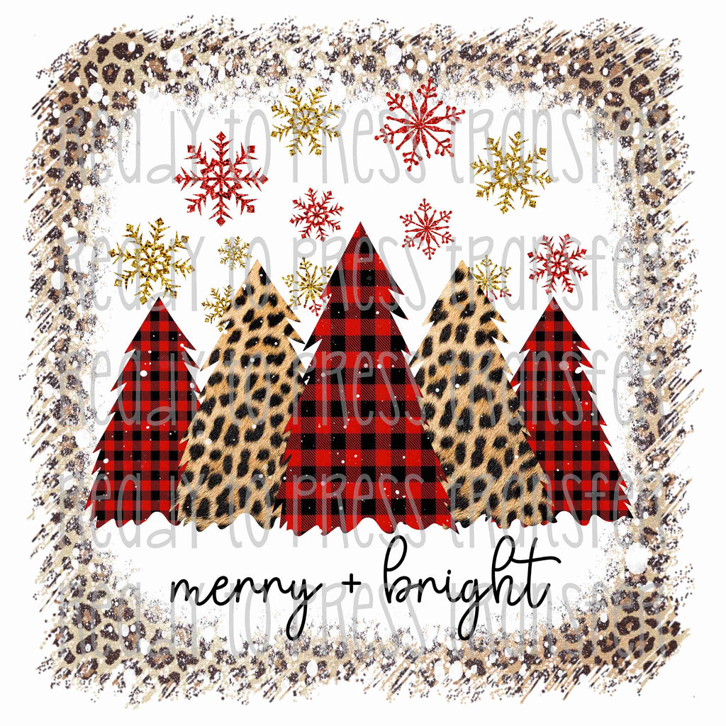 merry and bright christmas tree sublimation transfer with leopard print, red buffalo plaid and snowflakes