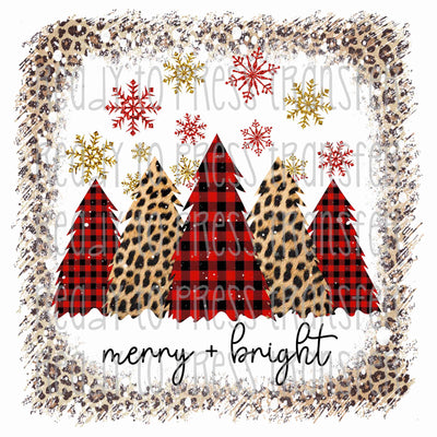 merry and bright christmas tree sublimation transfer with leopard print, red buffalo plaid and snowflakes