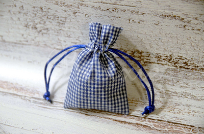 Blue gingham fabric bag with 3x4 inch