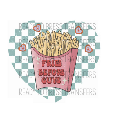 Fries Before Guys ready to press direct to film transfers.  checkerboard heart