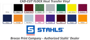 Stahls' Cad-cut flock color chart, breeze print company, breezecrafts.com, heat transfer vinl