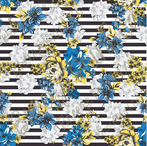 Striped floral craft patterned vinyl sheet, heat transfer/iron on HTV or Adhesive Vinyl, blue and yellow flower pattern vinyl HTV7812