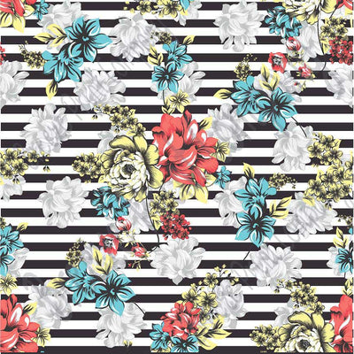 Flower Pattern-Aqua, coral, yellow and gray with black stripes floral- HTV - Adhesive Vinyl -  HTV7802 - Breeze Crafts