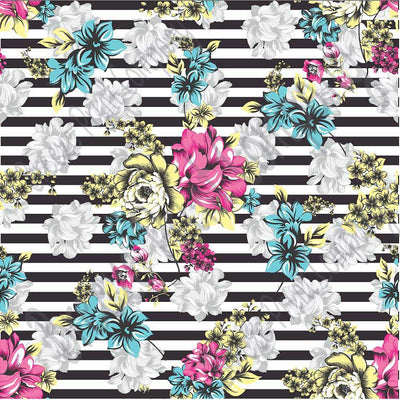 Aqua, pink, yellow, gray floral and black stripe craft  vinyl sheet - HTV -  Adhesive Vinyl -  flower pattern vinyl  HTV7803 - Breeze Crafts