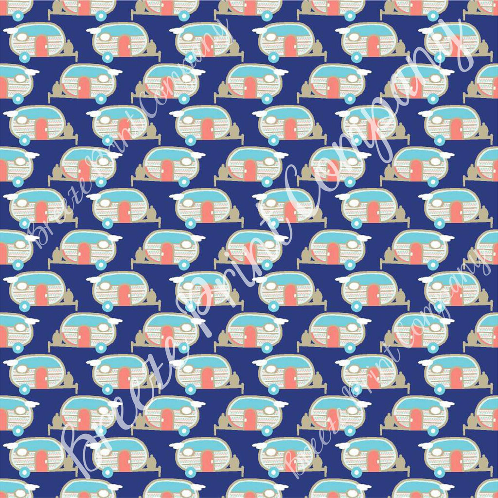 Camper craft  sheet - HTV -  adhesive vinyl retro trailer pattern printed vinyl navy background with coral, white and aqua camping HTV18506 - Breeze Crafts