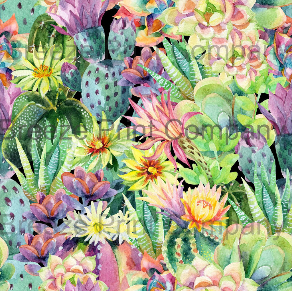 Cactus and flower large pattern printed craft vinyl sheet - HTV -  adhesive vinyl botanical watercolor succulent desert plant cacti HTVWC21 - Breeze Crafts