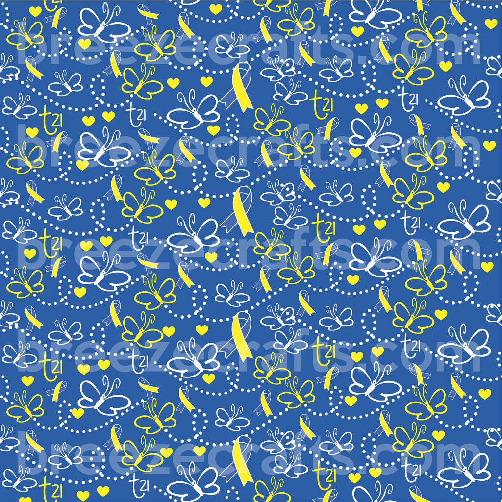 Down Syndrome Pattern Vinyl in HTV or adhesive, blue and yellow butterfly and ribbon pattern, heat transfer or Adhesive Vinyl HTV2155 - Breeze Crafts