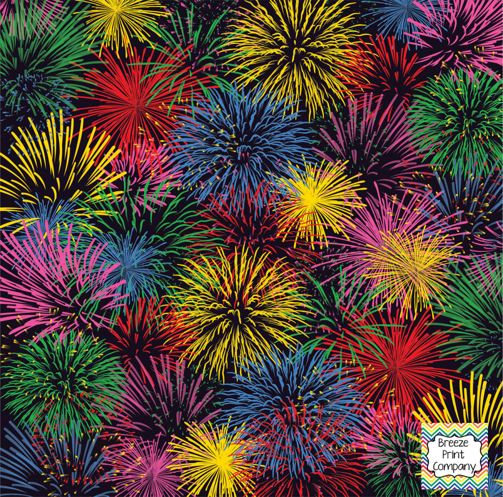Fireworks patterned craft vinyl sheets - HTV -  Adhesive Vinyl -  red green yellow blue pink and black pattern New Years 4th of July HTV155 - Breeze Crafts