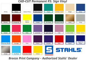 Stahls cad-cut ps sign vinyl color chart, solid adhesive vinyl, sheet, roll, breeze print company, breezecrafts.com