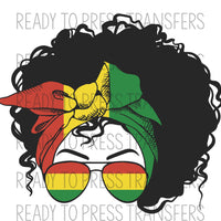 Juneteenth Sublimation Transfer. Ready to press., curly hair and sunglasses, black mama, red, yellow and green